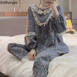 Mulheres femininas Mulheres de manga longa Pijama define a princesa floral Princesa Brufles Sweep Sleepwear Spring Lounge Pijamas de pescoço duas peças