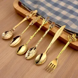 Dinnerware Sets 6Pcs Gold Inlay Crown Head Long Handle Coffee Dessert Spoon Fork Western Cutlery Kitchen Tableware Dinner