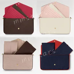 Felicie Pochette-Taschenkette, 3-teilige Geldbörsen, Blumengitter, 3-teiliges Set, Druckknopfverschluss, Damen-Kurier-Leder-Clutch, Umhängetasche, Umhängetasche, Luxus-Riemen, Go-Geldbörse