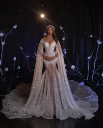 Sexy Mermaid Wedding Dresses Long Sleeves V Neck Pearls Capes Appliques Sparkly Sequins Beaded Floor Length 3D Lace Hollow Bridal Gowns Custom Made abiti da sposa