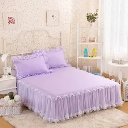 Gonna letto Gonna letto in pizzo bianco/rosa/viola Biancheria da letto principessa King Queen Tinta unita 1/3 pezzi Copriletti per ragazze Set lenzuolo Federa 230314