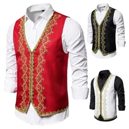 Mens Vests Gold Embroidery Baroque Vest Stage Stylish Men Slim Fit Prince Red Vests Waistcoat Men Prom Drama Opera Costume Gilet 230313