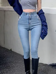 Jeans feminino Moda High Caist Oblíquo botão de jeans skinny Summer Summer Corean Style Trouphers Nine Point Clothes Mulher Roupos 230314