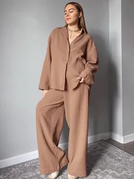 Kvinnors sömnkläder Linad Cotton Women's Home Clothes Brown Long Sleeve 2 Piece Set Sleepwear Loose Trouser Suits Casual Female Pyjamas Autumn 230314