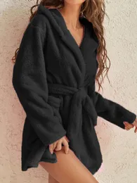 Damen-Nachtwäsche Hirigin Frauen Winter Warm Mit Kapuze Plüsch Flanell Verdicken Kimono Bademantel Hause Kleidung Langärmelige Kurze Robe Nachtwäsche