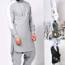 Abbigliamento etnico Inverno Uomo Jubba Thobe Musulmano Arabo Islamico Abaya Dubai Caftano Manica lunga Cuciture con cappuccio Arabia Saudita Maglione