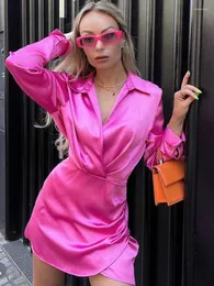 Casual Dresses Boho Inspired NEON PINK SHORT SATIN DRESS Collared Shirt Women Gathered Detail Chic Ladies Sexy Party