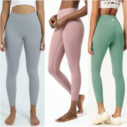 LL-1903 Solid Color Womens Yoga High Waist Long Pants Yoga Outfits Exercise Fitness Wear Girls Running Leggings Ninth Pants Elastic Adult Sportswear Tights