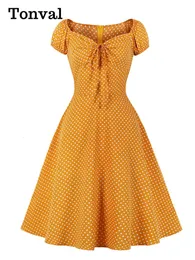 Party Dresses Tonval Tie Sweetheart Neck Polka Dot Vintage Women Summer Dress High Waist Retro Female Casual Dresses 1950s Style 230314