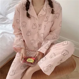 Women's Sleepwear 100% Cotton Gauze Vertical Stripes Lovely Bear Wear Long Sleeve Pajamas Set Round Neck Suit leisure wear Home pajamas 230314