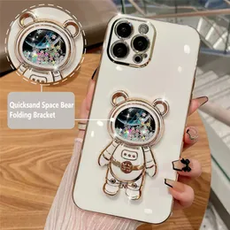 Shiny Glitter Space Bear Quicksand Astronaut Cases Bracket Stand Holder Soft Silicone Plating Folding Holder Cover för iPhone 14 13 12 11 Pro Max 8 Plus XR XS Max