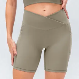 LU LU LEMONS Pantaloncini da Yoga Ribber Sport da Donna Senza Cuciture Pantaloni a Vita Incrociata Corsa Fiess Elastico Intimo da Palestra Allenamento Leggings Corti