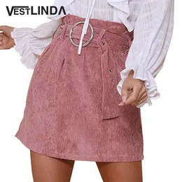 Skirts VESTLINDA Pink Skirt High Waist Short Mini With Belt Pockets Corduroy Womens 2023 Autumn Winter Fashion Streetwear