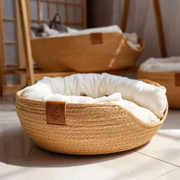 kennels pens Yokee Pet Cat Mat Dog Bed Sofa Handmade Bamboo Weaving Four Season Cozy Nest Baskets Waterproof Removable Cushion Sleeping House 230314