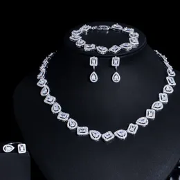 Set di gioielli da sposa CWWZircons Forma quadrata scintillante Zircone cubico 4 pezzi Collana da sposa Lusso Dubai Colore oro bianco T607 230313