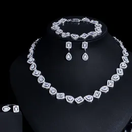 Bröllop smycken set cwwzircons mousserande fyrkantiga kubiska zirkon 4st brudhalsband lyx dubai vit guldfärg T607 230313