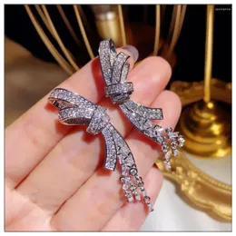 Orecchini pendenti Big Bowknot Original 925 Sterling Silver Earring Pave Dimaond Jewelry Party Wedding Drop Per le donne Regalo nuziale