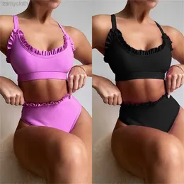 Kvinnors badkläder Bikini 2022 Sexig badkläder baddräkt Kvinnor Solid ruffle Hög midja Bikinis Set Bathing Suit Bikini Taille Haute Biquinis Feminino