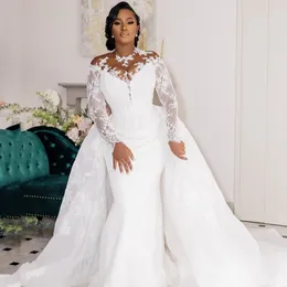 Eleganti abiti da sposa a sirena in pizzo africano con scollo staccabile maniche lunghe cappella abiti da sposa applique corsetto taglie forti abiti da sposa di lusso