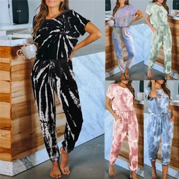 Women's Sleepwear Women Casual Sleepwear Set Tie-dye Leisure Short Sleeve Pajama Set Female Nightwear Top Pants Homewear 230314