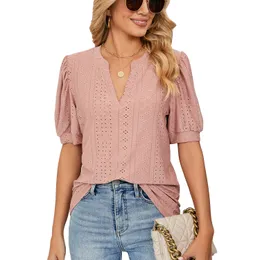 LL Women Blouses Summer Casual V-neck Solid Color Shirt Hollow Bubble Sleeve Loose Top
