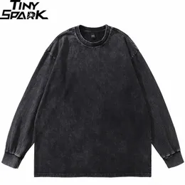 Men's T-Shirts Hip Hop Streetwear Washed Black Plain T Shirt Vintage Harajuku T-Shirt Autumn Men Cotton Long Sleeve Tshirt Solid Color 230313