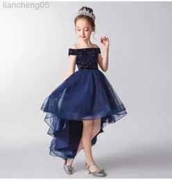 Girl's Dresses Elegant Dark Blue Lace Beads Girl Party Dress Off Shoulder First Communion Gown Girl Pageant Gown Flower Girl Dress for Weddings W0314