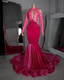 Pink High Neck Evening Dresses For Black Girls 2023 Sparkly Sequined Long ärmar Plus Size Birthday Party Mermaid Prom -klänningar 322