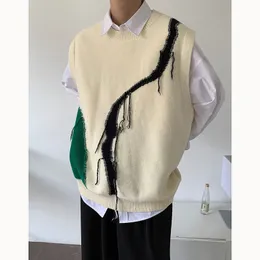 Мужские жилеты осенний свитер жилетки мода контрастный цвет v nece вязаный пуловер Корейский свободный джемпер без рукавов 230313