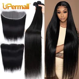 Hair pieces Upermall 2 3 4 Remy Straight Human Bundles With Frontal Brazilian Transparent Pre Plucked 13x4 Lace Closure and Bundle 10A 230314