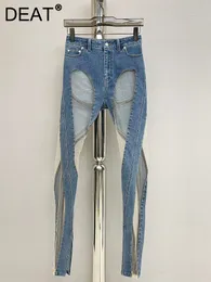 Womens Jeans DEAT Run Way Fashion Women Denim See Throw Sexy Full Length Half Big Hole Female Pants Slim WY14000L 230313