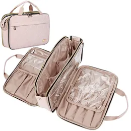 Casos de bolsas de cosméticos Organizador de bolsas de maquiagem grande caixa de cosméticos de três camadas para viagens femininas Make Up Storage Bolsa de produtos de higiene pessoal multifuncional