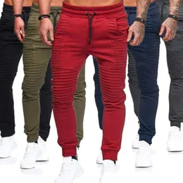 Pantalones para hombres Moda Hombres Color sólido Cordón Elástico Cintura Deporte Pantalones plisados Pantalones Boun22