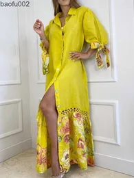 Casual Dresses 2022 Casual New Print Shirts Maxi Dress for Women Elegant Tie-Up Loose Long Dress Fashion Single-Breasted Lapel Slit Beach Dress W0315