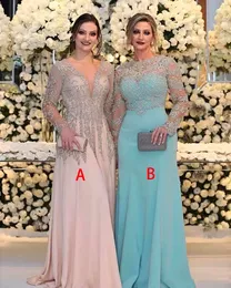 Mother of the Bride Dresses Long Sleeves V Neck Pink Plus Size Formal Mother's Dresses Party Prom Gowns Luxurious Bead Crystal Sequins