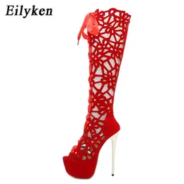 Top Roma Style Ultra High Saltos altos Hold Hollow Over the Knee Boots Mulheres Peep Toe Lace-up Zip Platform Sandals 230306