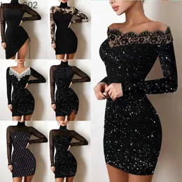 Casual Dresses 2022 Summer Women Off Shoulder Splicing Lace Beach Dress Sexig Bright Silk Bag Hip Black Bikini Dress Cover-Up Elegant Dress W0315