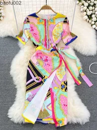 Casual Dresses Fashion Summer Chain Luxury Midi Dress Women Short Sleeve O Neck Flower Fan Print Lace Up Waist Tie Wrap Split Party Vestidos W0315