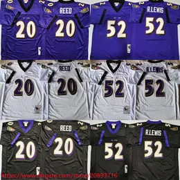 NCAA Retrocesso 52 Ray Lewis Camisas de futebol Retro Stitch 20 Ed Reed Jersey Branco Preto Roxo 2000 2004