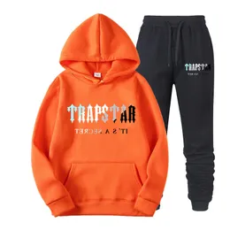 Herrspårsfall varumärke Trapstar tryckta sportkläder män 16 färger varma två stycken sätter lösa hoodie tröja byxor jogging 230314