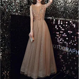 Champagne Gold Prom Dresses Illusion O-neck A-Line Sequined Beaded Sleeveless Shiny Luxury Guests Evening Women Bridesmaid Gowns 2023