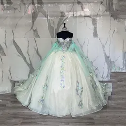 Wspaniałe sukienki Quinceanera 15 -letnia suknia balowa seksowna szyja w kształcie ramię z Cape Long Party for Girl Dress