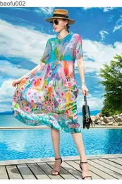 Sukienki swobodne panie boho print kwiatowy jedwabna sukienka midi 2022 Koreańska wersja retro swoboda sukienka wiosna lato nowa elegancka elegancka plaża Słońce W0315