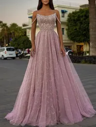 Sparkle Dark Pink A-Line Evening Sukienki Spaghetti Pasek bez rękawów Cequined Tiulle Prom Formal Impreza Suknie 2023 Urodziny Nowa szata de soiree