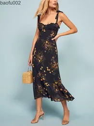 Casual Dresses Dresses for Women 2022 Elegant Vintage Floral Dress Frill Sweetheart Neck Sleeweless Strap Tie Ruffle Hem Summer Beach Dress W0315