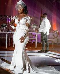 African Long Sleeves Mermaid Wedding Dresses Floral Lace Applique Beaded Long Train Formal Bridal Gowns 2023 Ivory Elegant Bride Formal Wear