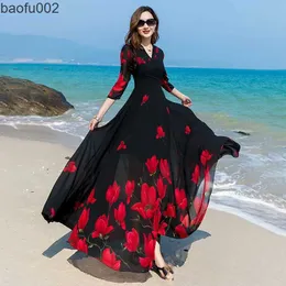 Casual klänningar 2022 sommar ny sexig koreansk version V-ringad tryckt chiffongklänning Kvinnor midjelängd temperament Big Swing Thin Beach Long kjol W0315