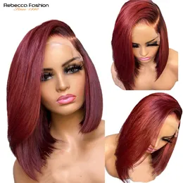 Human Chignons 99J Burgundy Red Color Short Bob Wig Brazilian Hair Transparent HD 13x1 Lace Front Wigs For Women Blunt Cut Bone Straight 230314