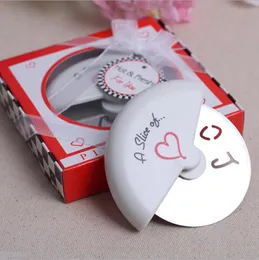 Konditoriverktyg "en skiva av kärlek" rostfritt stål pizza cutter i miniatyr pizza box baby shower gåvor bröllop gynnar dh45