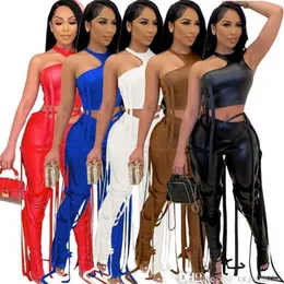 Sommer Frauen PU Leder Zwei Stück Hosen Sets 2023 Designer Sexy Halter Aushöhlen Crop Tops Weste Und Bandage Hosen anzug